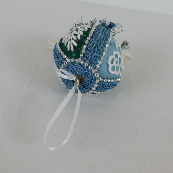 Handmade Fabric Rose Tassel Blue Silver Ball Christmas Tree Ornament 3" Dia 6" L - Picture 8 of 8